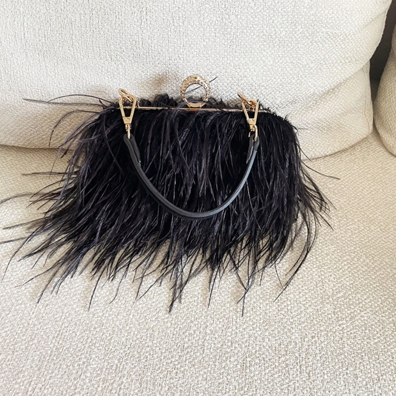 Luxury Ostrich Feather Evening Clutch Bag Women Banquet Wedding Handbag Purse Female Elegant Party Chain Crossbody Shoulder Bag