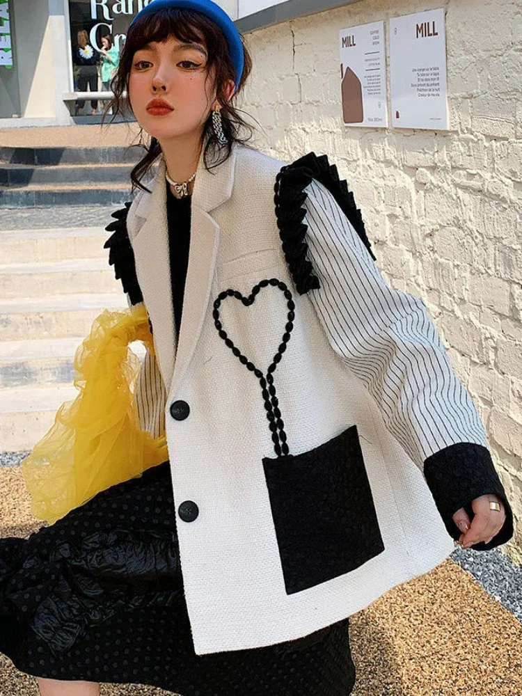 Insozkdg Vintage Patchwork Blazer Loose Fashion Street Female Heart Suit Jackets Long Sleeve Lapel Double Breasted Outwear Women