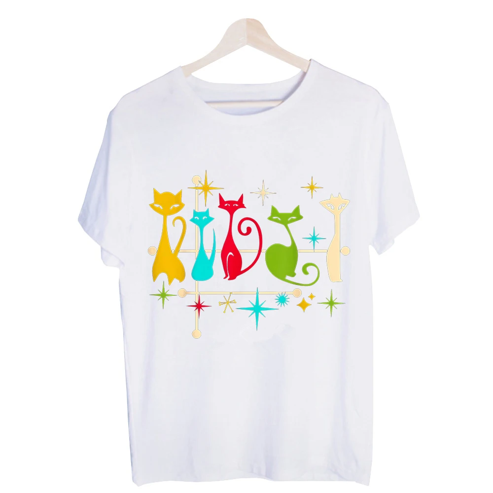 Men's Colorful Cat Graphic Tee, Short Sleeve Crew Neck T-Shirt with Retro Star Design for Casual Daily Wear