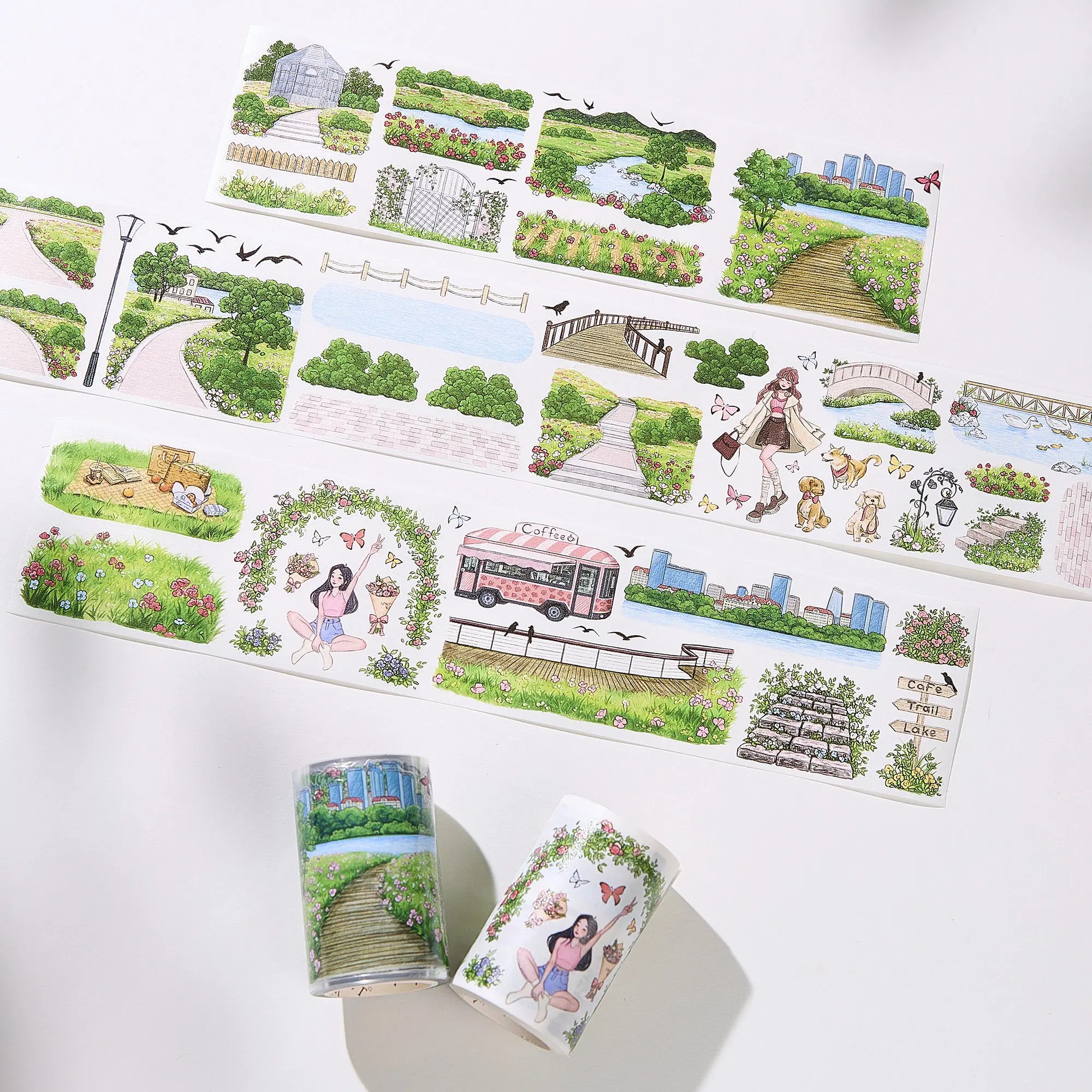 Flowers Street WT Die Cut PET Washi Tape Riverside Park Courtyard Photography Decor Sticker for Scrapbooking