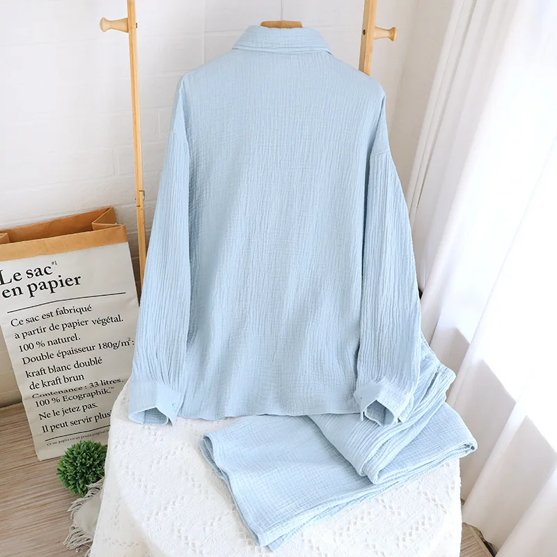 2026 Spring/Summer New Women's Pajama Set 100% Cotton Crepe Long Sleeve Long Pants Two Piece Set Solid Color Simple Home Clothes