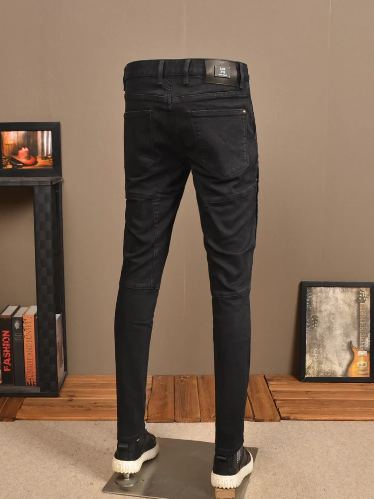 Stitching Black Jeans Men's All-Match Fashionable Slim Fit Skinny Stretch High-End Washed Casual Tight Motorcycle Pants