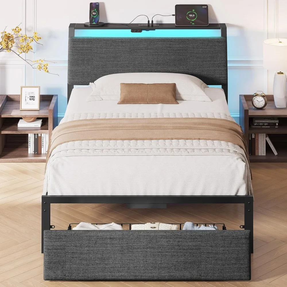 Bed Frame with Ergonomic Headboard Storage & Charging Station, Upholstered Platform Bed with LED Light & Drawer