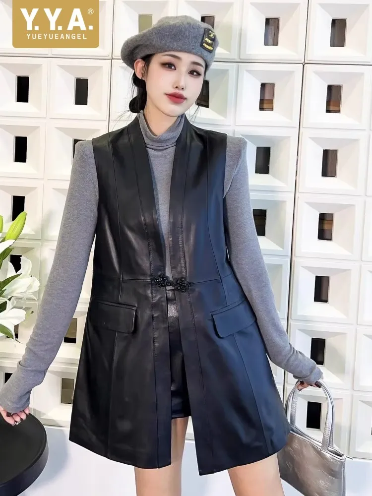 

Elegant Medium Long Office Lady Real Leather Vest Single Button Slim Fit Streetwear Women Sleeveless Jacket Fashion Waistcoat