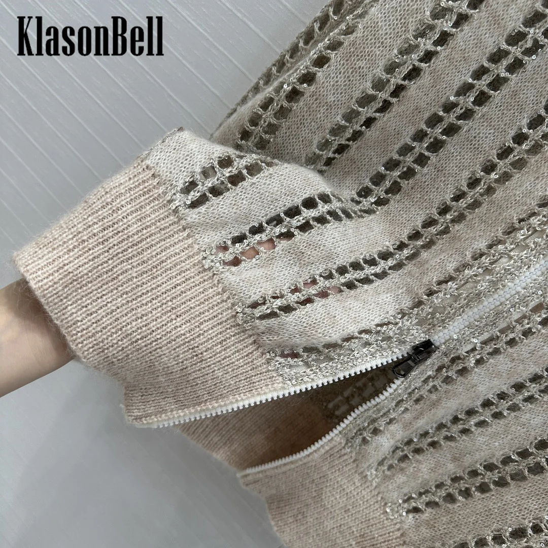 10.9 KlasonBell Women Clothes Sequins Hollow Out Cardigan Double Zipper Stand Collar Wool Mohair Blend Knit Coat