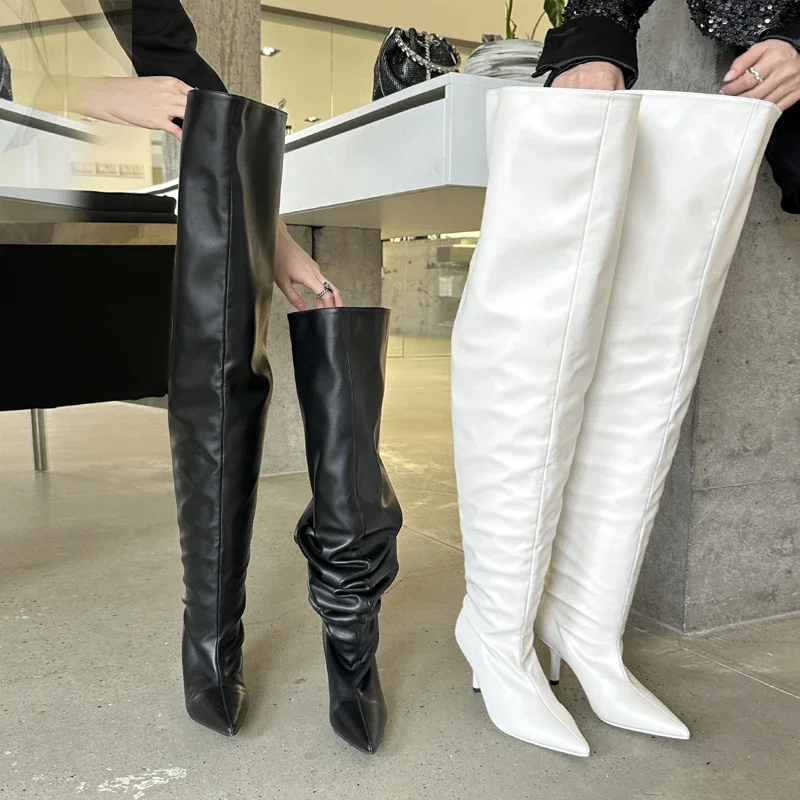 Eilyken Pleated Thigh High Women Boots Autumn Ladies Club Fashion Boots Over the Knee Party Pointed Toe Female Pumps Shoes