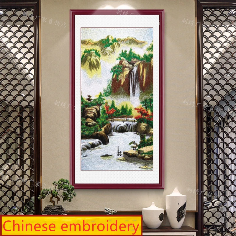 Suzhou embroidery mural silk hand-embroidered landscape painting living room study tea restaurant porch decoration painting gift