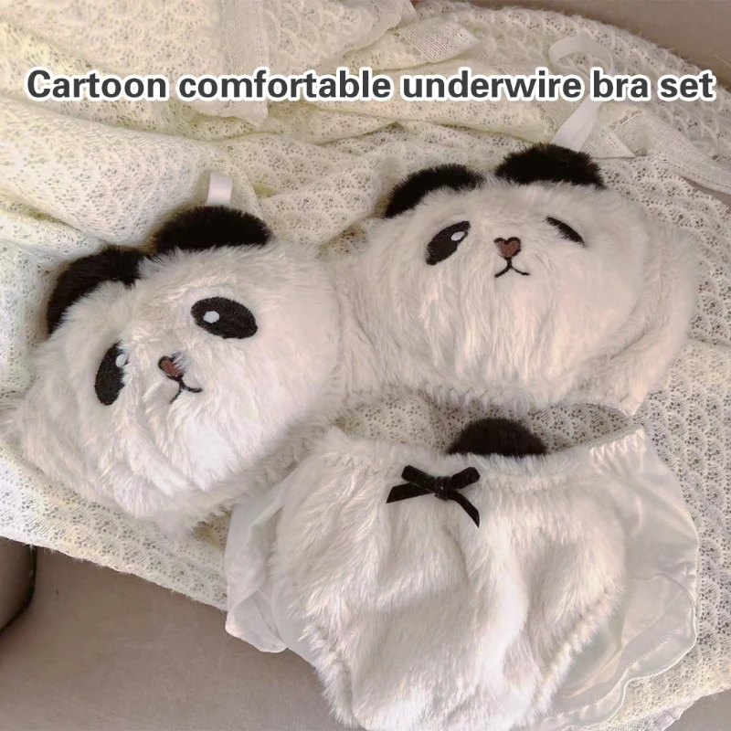 Womens Anime Cartoon Panda Plush Bra and Panty Set without Underwire Furry Underwear for Cosplay Parties or Everyday Use