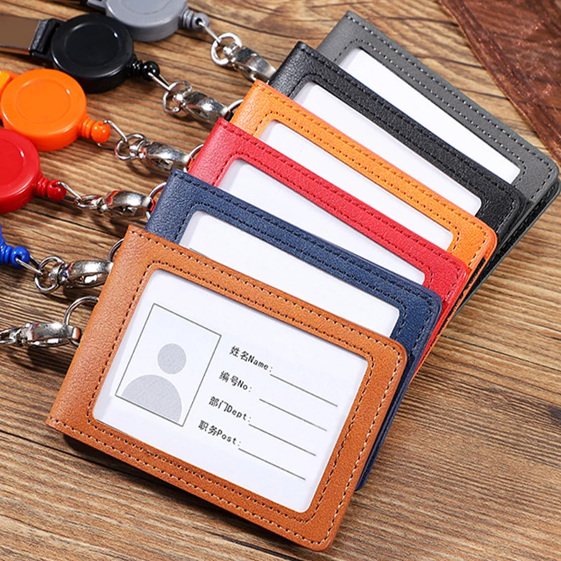 PU Leather Id Credit Bank Card Case Transparent Business Badge Card Holder With Neck Strap Lanyard Solid Color Passport Holder