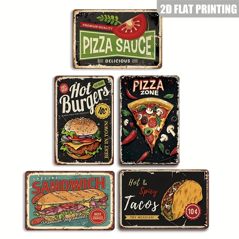 [JIT]Decorative Sign& Plaque 5pcs Vintage Fast Food Burger Pizza Sandwich Taco Logo Set, Classic Vintage Wall Art Decoration, Pe