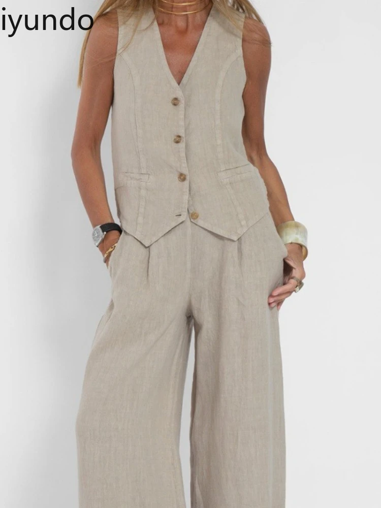 

Linen & Cotton Blend Vest & Wide Leg Pants Set - Lightweight Loose Fit Fashion Leisure Outfit Eco-Friendly Two-Piece Clothing