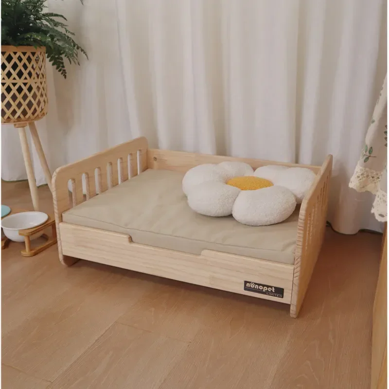 

Nordic Pet Bed with Durable Wooden Frame Cat's Nest Scratch-resistant Canvas Mat Four-season Mattress for Small Dogs and Cats