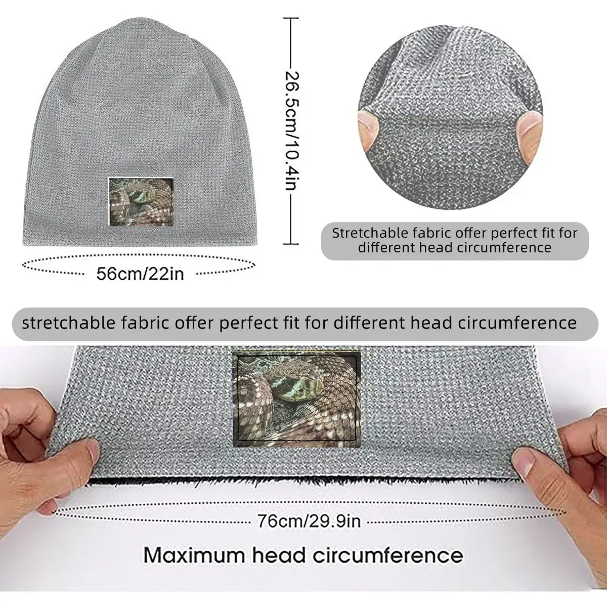 Snake, Coiled Diamondback Rattlesnake Waffle Knit Fleece Lined Beanie with PU Leather Patch Unisex Warm Winter Soft Cap