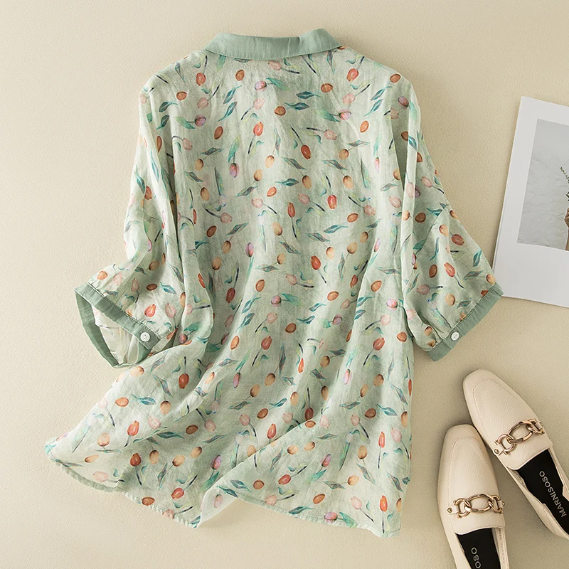 가볍고 통기성 좋은 면 린넨 또는 프린트 여성 여름 루즈 슬림핏 5버튼 네오프렌 탑