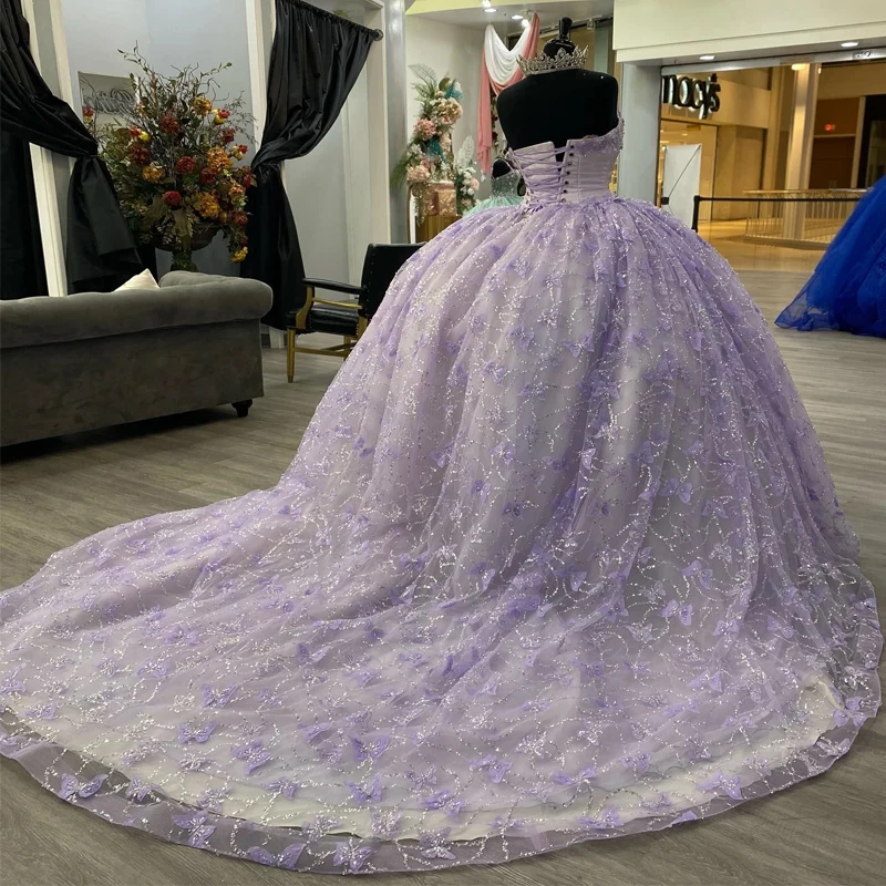 Lavender Quinceanera Dresses for 15 Year Ball Gown Sexy Sweetheart Applique Bow Beads Off the Shoulder Long Party Dress for Gir