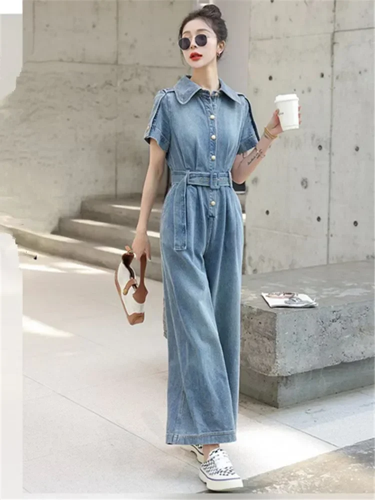 Women's Vintage Short Sleeve Denim Jumpsuit Summer Slim Fit Waist Long Jumpsuits Female Clothing Trend One Pieces Romper 2024