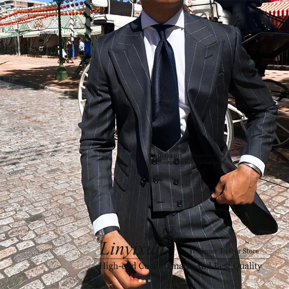 

Black Stripe Suits Mens Slim Fit Business Blazer Hombre Wedding Groom Tuxedo Daily 3 Piece Set Jacket Vest Pants Costume Homme