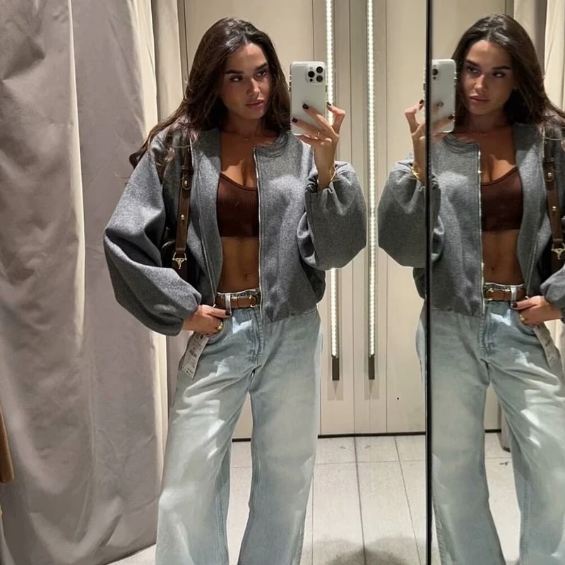 HXAO 가을 여성 2024 여성 자켓 소프트 트위드 크롭 자켓 레드 그레이 베이지 자켓 긴 소매 특대 겉옷 캐주얼 코트