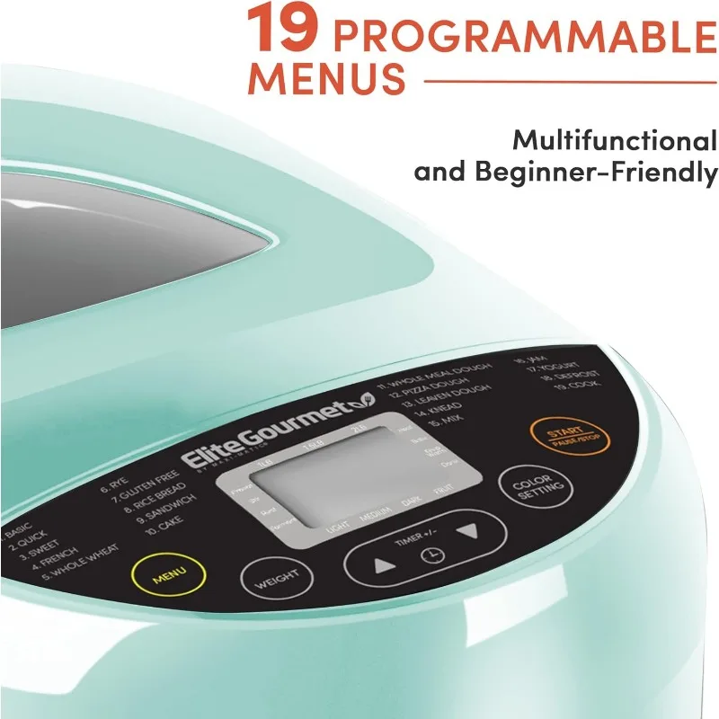 Elite Gourmet Programável Bread Maker Machine, 3 tamanhos de pão, 19 funções do menu, sem glúten, trigo branco, centeio, francês, EBM8103M