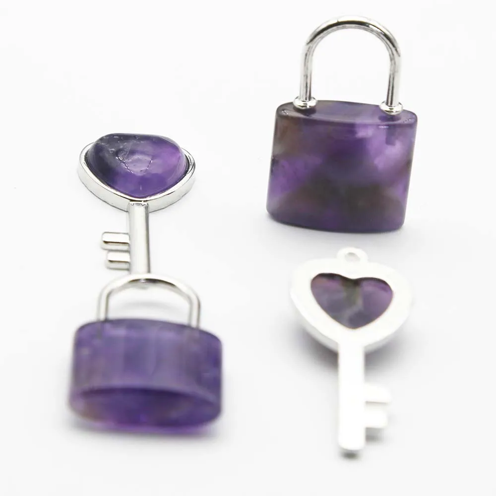 Quality Natural Stone Crystal Heart Silver Key Couple Lock Set Pendants Charms Fashion Jewelry Gift Accessories Wholesale 6Setof