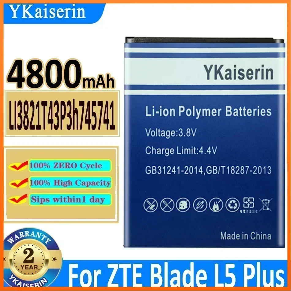 YKaiserin Li3821T43P3h745741 Battery for ZTE Blade L5 L 5 PLUS L5PLUS C370 4800mAh Cell Phone Batteries Warranty + Track Code