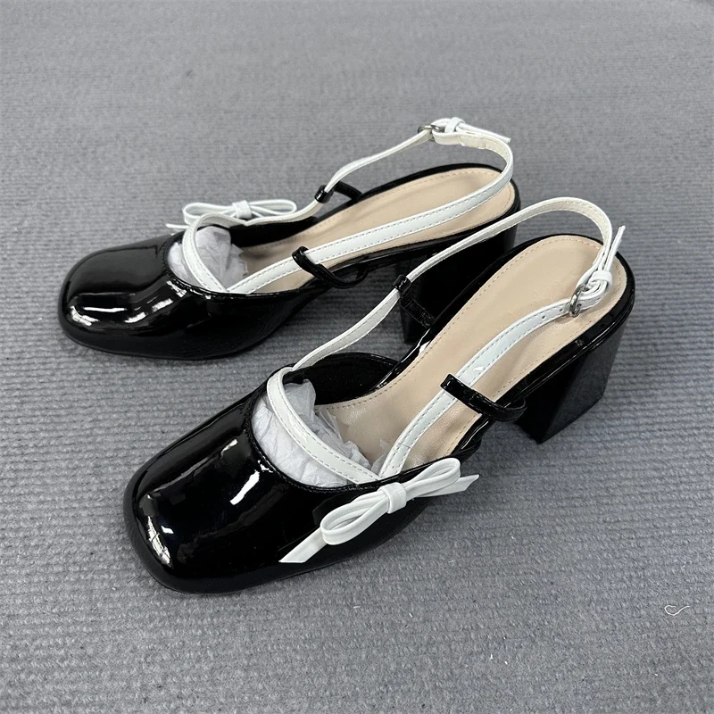 

2026 New Womens Mary Jane Shoes Black Patent Leather Female Sandals Back Straps with Bowknot