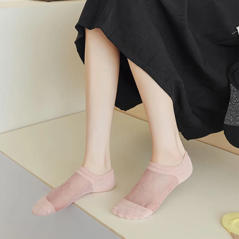 5 أزواج من الجوارب القصيرة الصيفية العشوائية الجديدة، فم ضحل للنساء، لا تسقط، كعب منخفض للنساء، حرير ثلجي رفيع للغاية غير مرئي