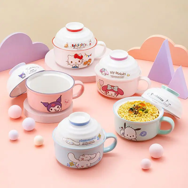 800Ml Hello Kitty Sanrio Kawaii Instant Noodle Bowl Kuromi My Melody Cinnamoroll Student Large Capacity Cartoon Ceramic Bowl