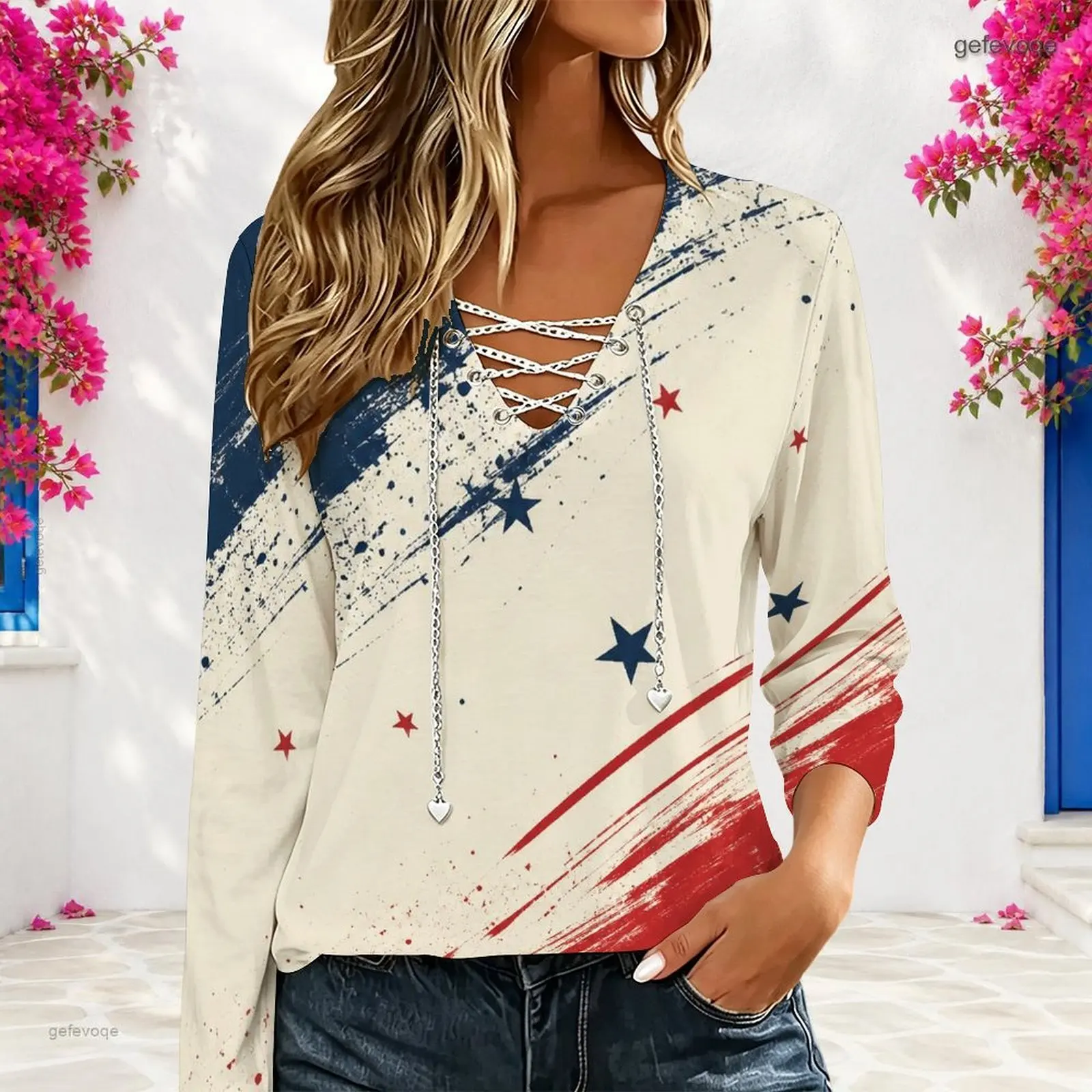 Women V Neck Long Sleeve Top Metal Chain Criss Cross Lace Up Cutout Loose Casual Blouse Custom Print Ladies Western Style Tee