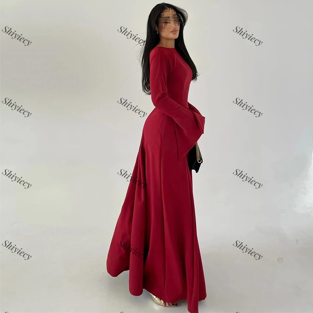 Saudi Arabia Jersey Evening Dress with Long Flare Sleeves Boat Neck A-Line Prom Dress High Quality Formal Evening Party Gowns