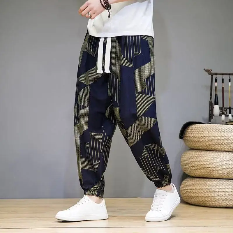 Calça Harlan solta estampada geométrica masculina, cor contrastante, elástico na cintura reta, moda casual, moda, verão, nova