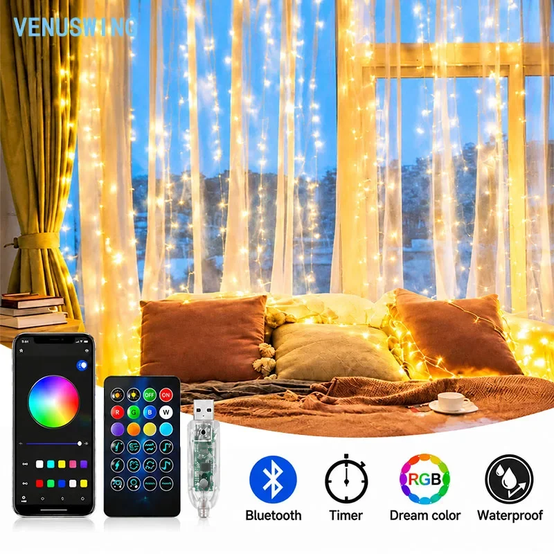 Luci a tenda LED USB con sincronizzazione musicale RGB, dimmerabili, fai da te, con timer per il cambio colore, luci decorative IP65 impermeabili 360 ° Lampada decorativa a LED super luminosa con