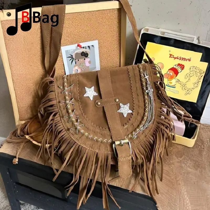 Academia Style Original Mead Vintage Brown Saddle Bag Gothic Lolita Y2K Grunge Tassel Star Cross Shoulder Crossbody Bag