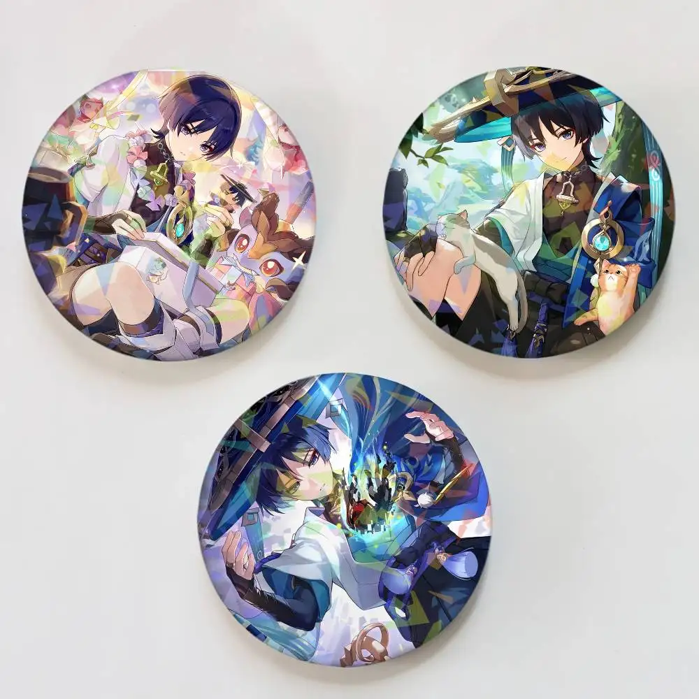 Scaramouche Balladeer Wanderer Genshin Round Badge Lapel Pins for Backpacks Briefcase Laser Brooch Clothes Gifts