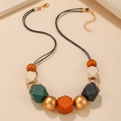 Geometric Multi Color Wooded Beads Necklaces Pendants for Women Vintage Handmade Statement Bib Necklace Fashion Neck Decoration