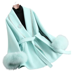 ZDFURS*2022 New  Classic Style Woolen Coat Double-Faced Woolen Goods Fox Fur Collar Leather Fur Coat Pearl Diamond Mid-Length