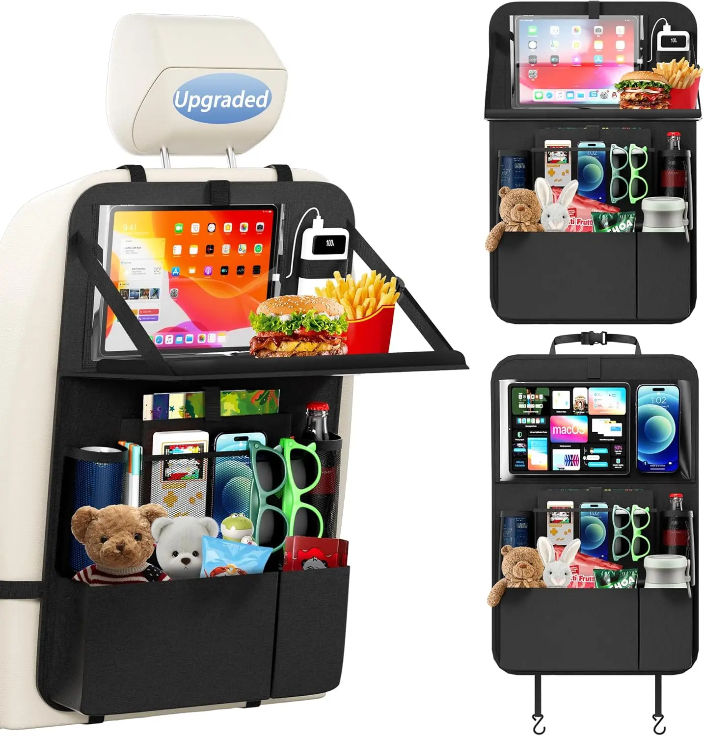 

Backseat Car Organizer with Foldable Tray, 11 Pocket Car Seat Organizer for Kids, Travel Accessories with Touch Screen Pocket