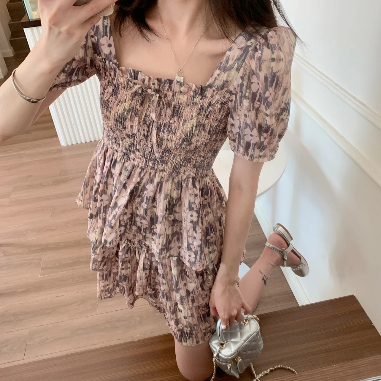 

Комплект с юбкой и блузкой Sweet Sister с цветочным принтом, двусторонний, привлекающий внимание, для повседневной носки, с квадратным вырезом и кружевом