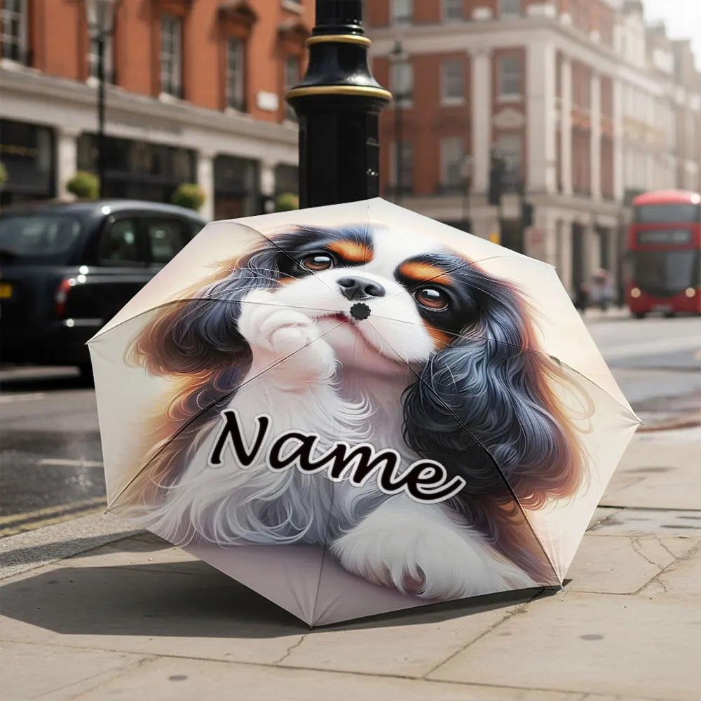 Custom Name Umbrella Cavalier King Charles Spaniel Cute Puppy Realistic Print Folding Umbrella Compact Portable Travel Parasol