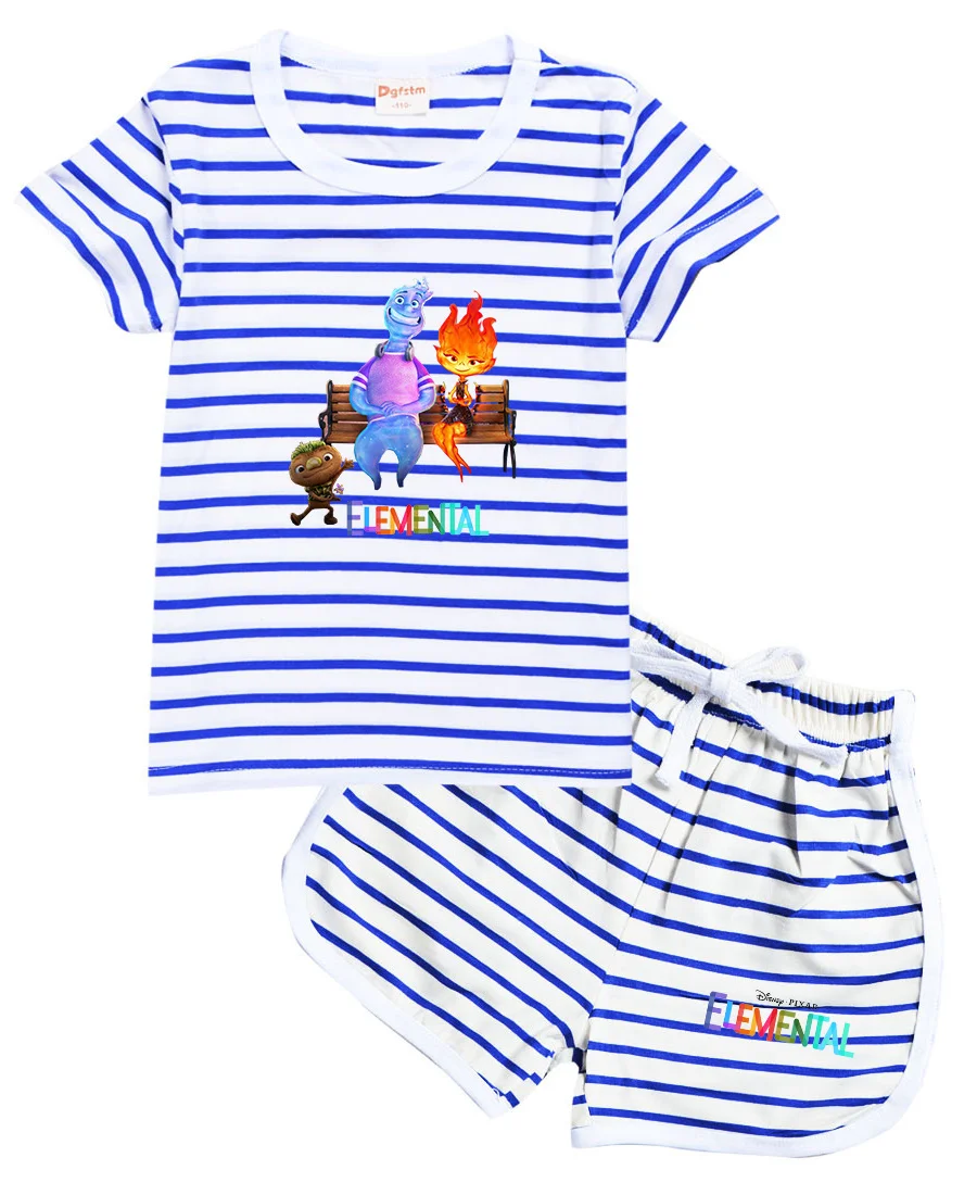 

Elemental Kids Clothes Suit Cute Summer Children Boys Girls T-shirt+shorts Casual Stripe Clothing Sets