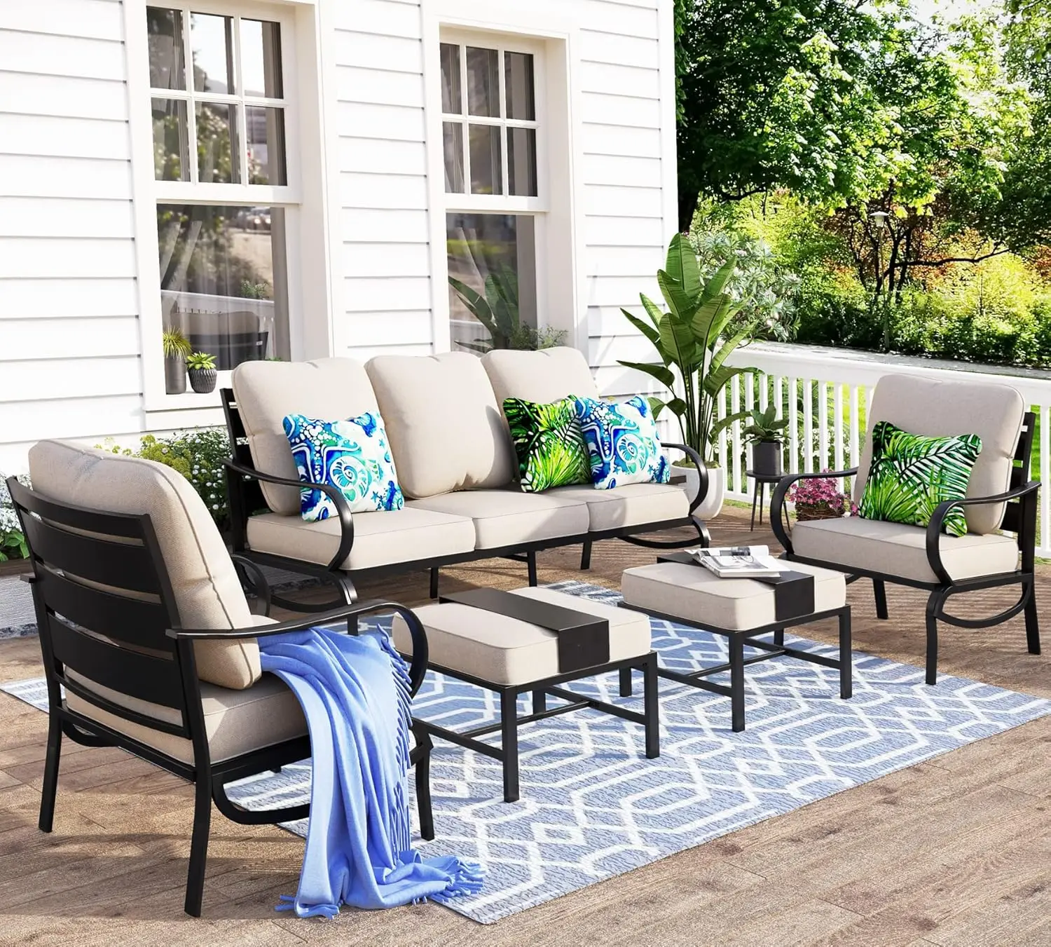 5 Pieces Patio Conversation Sets,Outdoor Metal Furniture Sofas with 3-Seat Sofa, Chairs, Wrought Iron Frame with Cushion