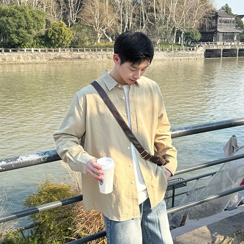 

Khaki Basic Long Sve Casual irt Men's Versatile Spring Autumn Loose Fit Classic Sle PU Leather Cotton Blend Jaet