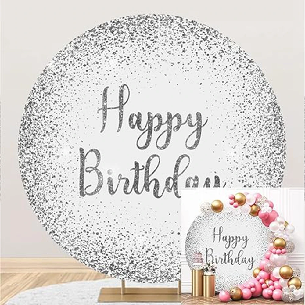 Deluxe Silver Happy Birthday Circular Background Cover Wedding Party Children Adults Portrait Baby Shower photography Backdrop