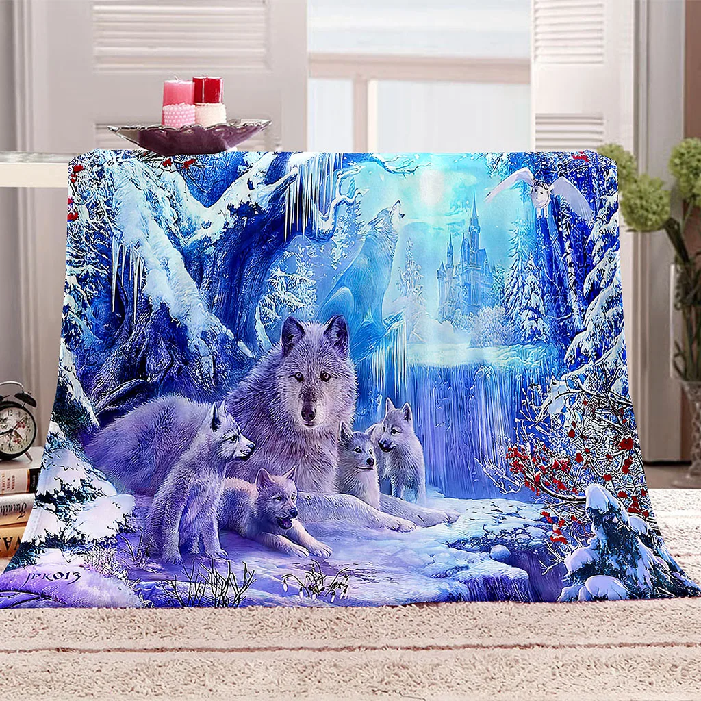 HUANZHUANG Print Blanket Sofa Blankets For Beds Super Soft Warm Ice And Snow Animal Wolf Blanket Cover Flannel Throw Flannel Bi