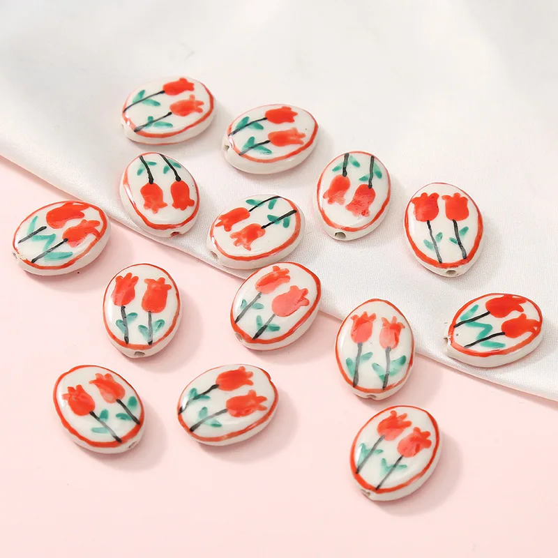 5pcs 20x15x5mm Oval Shape Hand Painted Flower Ceramic Beads Fashion DIY Loose Spacer Bead For Jewelry Making Red/Blue/Black