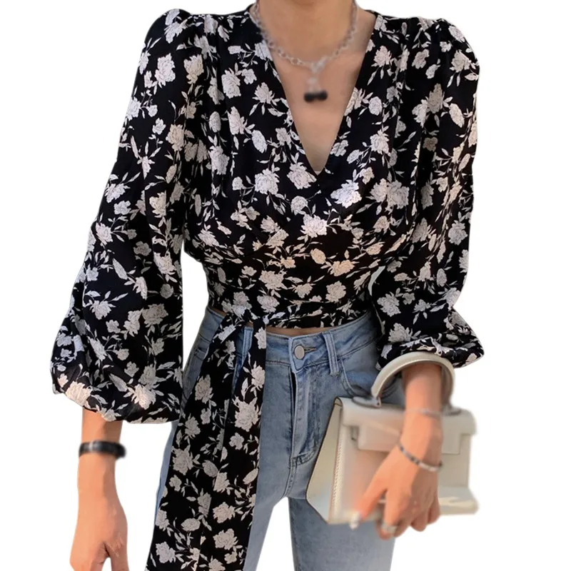 Women's Blouses Floral Print Chiffon Shirts Spring Autumn V Neck Sexy Lace Exposed Navel Long Sleeves Chiffon Shirts Tops