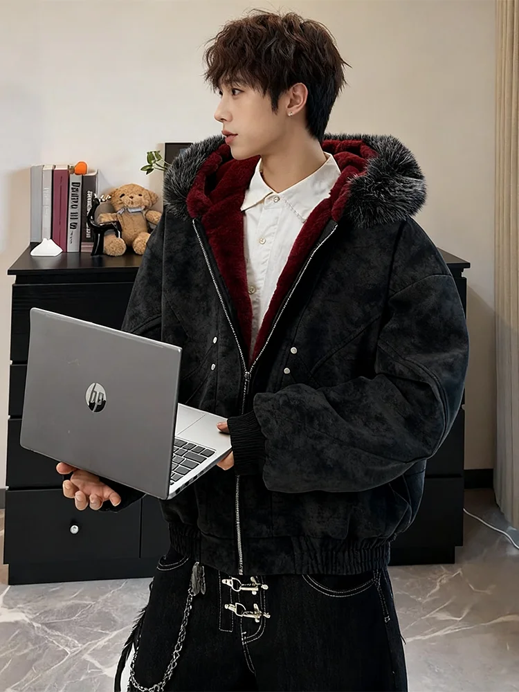 

Men's Winter Fce Lined PU Leather Jaet Marble Patterned Mountain Carving Warm Patchwork Cotton Workwear Coat for Youth