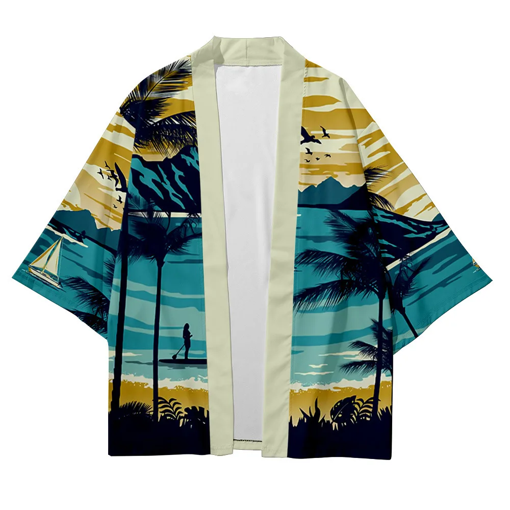 Summer Samurai Kimono Cosplay Stylish Haori Streetwear Kimono Japanese Fashion Yukata Plant Print Cardigan Men Holiday Robe