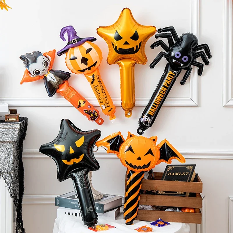 

10pcs Ghost Pumpkin Spider Handheld Sticks Balloon Mix Aluminium Foil Balloon Halloween Inflatable Stick Ballon Party Supply