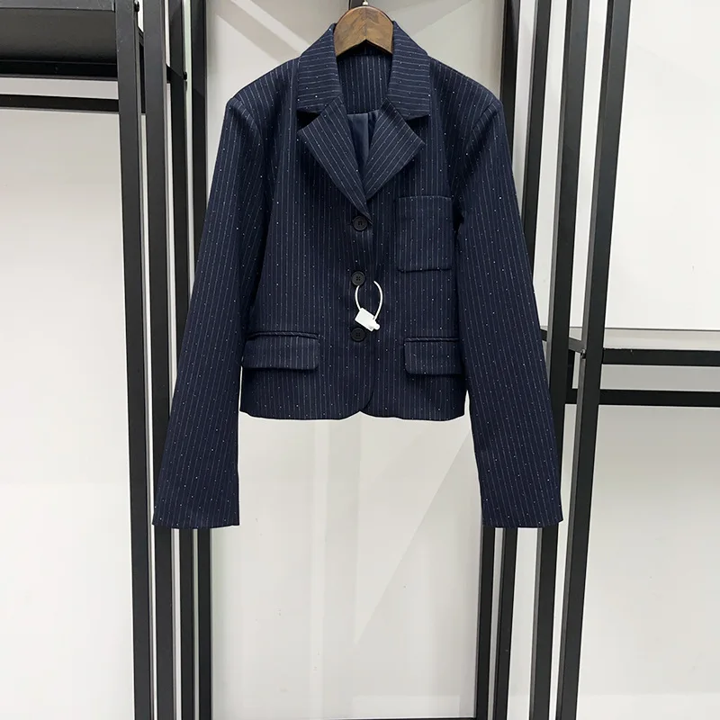 2026 Autumn/winter Female Dark Blue Fine Sparkle Stripe Suit Collar Jacket+A-Line Mini Skirt Set